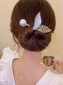 1 pieza Moldeador de moño de cola de pez decorado con strass y perlas para mujer, accesorios elegantes y de moda para dar forma al moño, adecuado para peinados diarios y bonitos