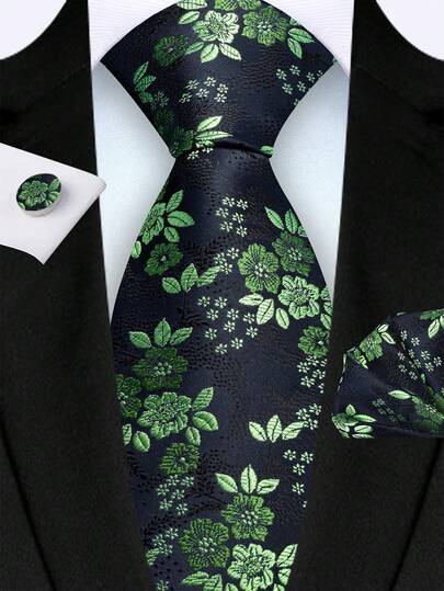 3pcs/Set Men's 8cm Black & Green Floral Necktie, Pocket Square, Cufflinks Suit, High Quality Classic Fashion Business Casual Tie Set, Gift For Wedding, Christmas, Party