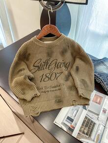 Tween Boy Letter Print Sweater, Simple & Stylish, Autumn/Winter - Green - View 2