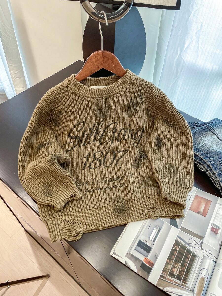 Tween Boy Letter Print Sweater, Simple & Stylish, Autumn/Winter