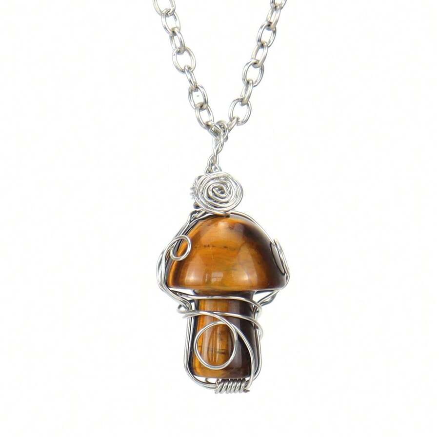 1pc Handmade Woven Crystal Agate Small Mushroom Pendant Necklace Jewelry - 虎石 - 查看 1
