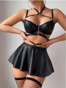 Sexy Strappy Leather Underwire Mini Choker Lingerie Set Skirts Dress With Thong 3 Piece Outfits - 黑色 - 查看 2