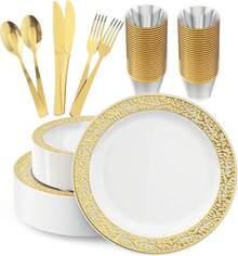 Juego de vajilla de plástico dorado de 150 piezas, elegante y desechable, incluye: 25 platos de plástico con encaje dorado, 25 platos de postre, 25 tenedores, 25 cuchillos, 25 cucharas, 25 vasos, para fiestas, cumpleaños y Acción de Gracias. - Dorado - Ver 13