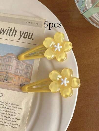 5pcs Cute Yellow Sakura Flower Hair Clips, Adorable Side Bangs Clips, Ins Style Fringe Clips, BB Clips (No Card Included), Head Accessories, Hair Accessories For Women