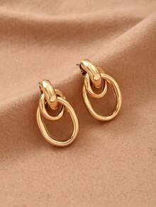 1 Pair Fashionable Gold Metal Multi-Layer Knot Design Stud Earrings, Double Hoop Earrings, Eye-Catching Dangle Earrings, Unique Earrings. (The Product Color May Vary Slightly Under Different Display/Lighting Conditions) - Golden a - View 2