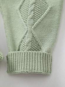 女婴针织高领刺绣花卉长袖菱形格纹扭结连体衣 - 青碧色 - 查看 6