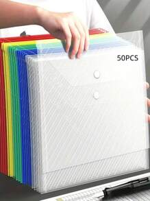 50pcs, Mixed Color + White, Clear A4 File Bag, Button Storage Bag, For Office Organizer And File Bag, Back To School Supplies