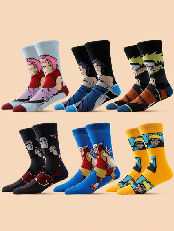 bandai 6 pares de calcetines de media pantorrilla transpirables con estampado de personajes de dibujos animados Pein y Sakura, aptos para uso diario en todas las estaciones, para hombres