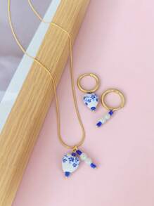 3pcs/Set Fashion Blue And White Porcelain Heart Shaped Stainless Steel Necklace Faux Pearl Earrings The Suit Is Suitable For Girls To Wear On A Daily Basis Vacation Atmosphere Gift