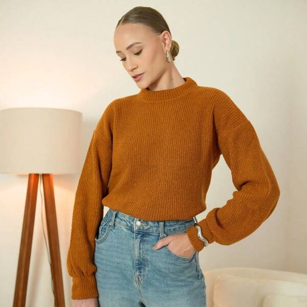 Blusa De Frio Feminina Tricot Manga Longa Bufante Casual De trico  Moda Diário Inverno