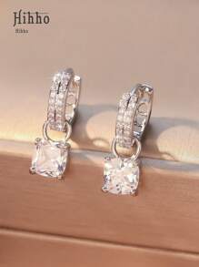 Hihho 1 Pair Fashionable Shiny White Square Zirconia Inlaid Pendant Earrings, Delicate & Lively Jewelry For Women, Suitable For Date, Party, Banquet, Wedding