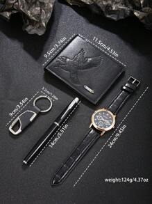 Conjunto de presente com 4 relógios masculinos clássicos, incluindo relógio, caneta, chaveiro e carteira, adequado para ocasiões empresariais