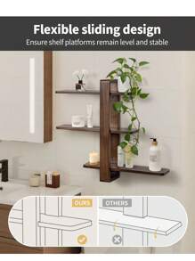 Estante de Pared de Madera Color Nogal, Estante Flotante, Estantería Colgante Grande, Estantería Decorativa de 3 Niveles de Madera Maciza para Salón y Dormitorio, Baldas Desmontables, 50x58 cm