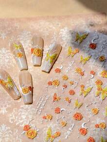 蝴蝶美甲贴纸粉色蝴蝶5D浮雕指甲贴花贝壳灯蝴蝶指甲图案贴纸美甲配件女士女孩DIY美甲装饰用品