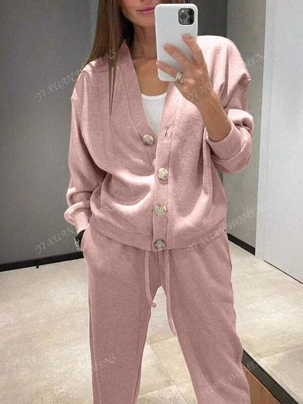 Conjunto de dos piezas para mujer, chaqueta de punto informal con botones y pantalones con cordón