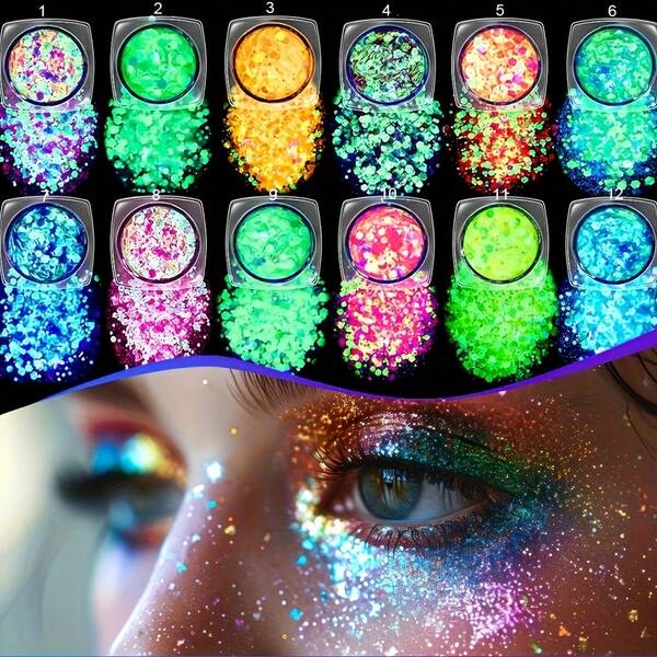 12 Colors Quick-Dry Glow In The Dark Glitter Gel - Waterproof Neon Self-Adhesive Face & Body Glitter For Women, Long Lasting Vibrant Glitter Makeup For Halloween, Parties, Cosplay, Eye Shadow (Hypoallergenic, )
