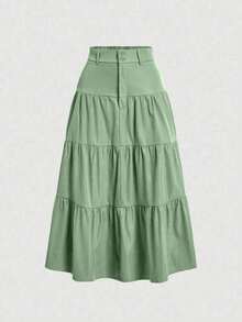 Kliou Fashion Women's Skirt Simple Casual Ruffle Hem Zipper Button High Waist Three Maria - Màu xanh Bạc hà - Xem 1