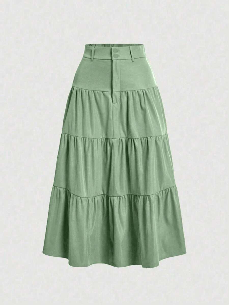 Kliou Fashion Women's Skirt Simple Casual Ruffle Hem Zipper Button High Waist Three Maria - Màu xanh Bạc hà - Xem 1