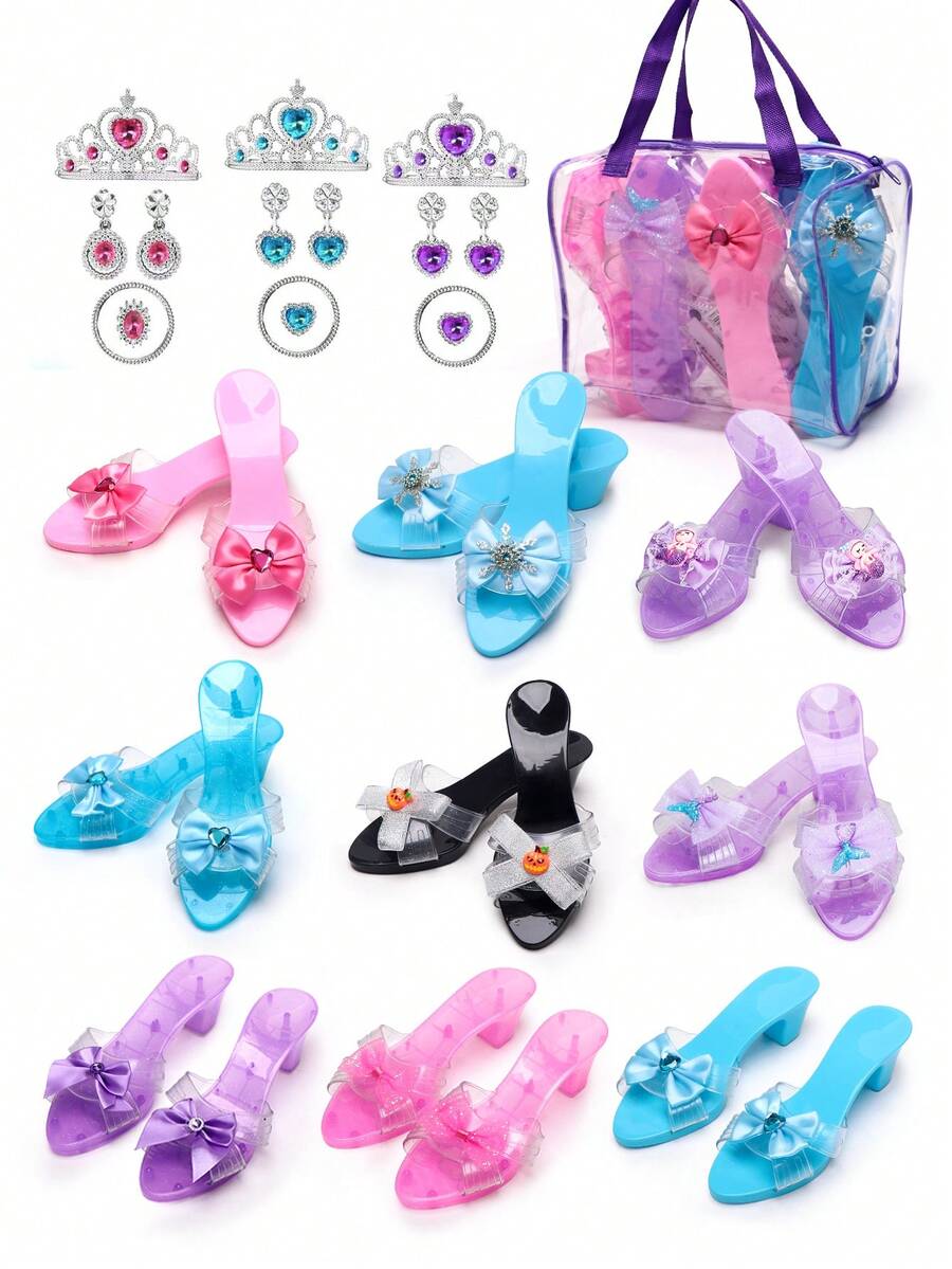 3件/4件/6件套女童公主凉鞋套装，包含手提包、皇冠、耳环、手链、戒指、鞋子等配饰，水晶鞋，适合派对装扮，公主装扮，玩具水晶鞋，圣诞节生日礼物 - 彩色 - 查看 1