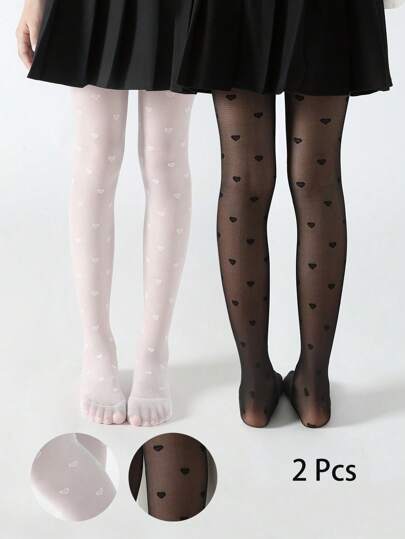 2 paires de leggings pour filles/tout-petits, pantalons serrés pour enfants, collants à motif cœur fin, bas résille, noir, blanc, couleur unie, style mignon universitaire, pantalons de danse pour enfants, doux et confortables pour le printemps/l'été, convenant pour un usage quotidien, pouvant être assortis à des jupes/shorts, pouvant également être utilisés comme collants de danse