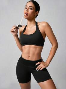 NcmRyu Conjunto de Sutiã Esportivo e Shorts Elástico Sem Costura Sexy Decotado nas Costas para Mulheres - Preto - Visão 11