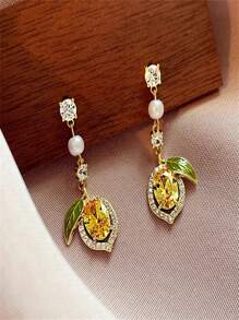 1 Pair Rhinestone Lemon Fruit Designed Luxury Elegant Long Earrings, Delicate Jewelry Accessory For Women, Suitable For Daily Casual Wear