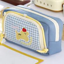 1pc Cute Cartoon Dog Pencil Bag Pen Case, Retro Plaid Pattern Large Capacity Storage Pouch For Stationery Student Back To School - Multicolor - View 14