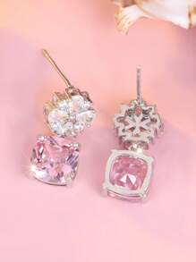 1 Pair Elegant Square Cut Pink Synthetic Zirconia & Floral White Synthetic Zirconia Silver White Plated Stud Earrings For Women, Luxury For Weddings, Parties, Festivals And Everyday Wear, All Season