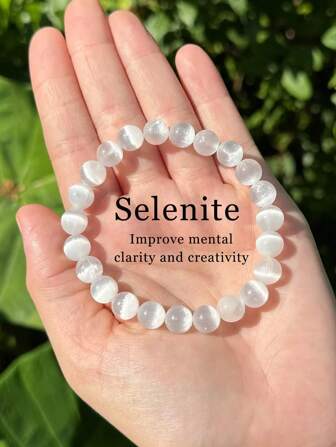 YAUKIA 1 pieza Pulsera de cuentas de selenita - Pulsera de piedras preciosas estirada con cristales redondos de 8mm, joyería de claridad, creatividad, protección curativa