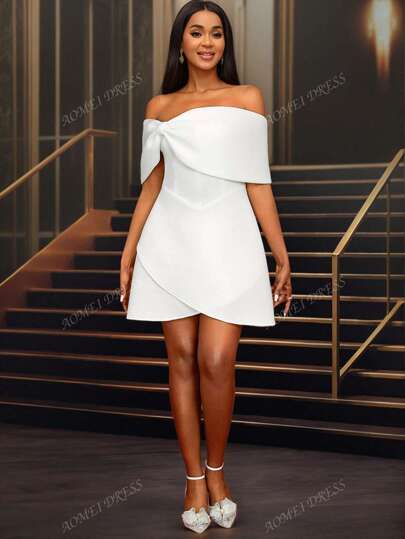 Vestido de fiesta de novia corto asimétrico con hombros descubiertos y lazo en forma de A, vestido blanco para fiesta, atuendo para cita, fiesta, vestido de boda, vestido de dama de honor, vestido de graduación, vestido de invitada a boda