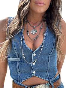 Women Y2K Button Down Denim Vest Vintage Sleeveless V Neck Jean Corset Crop Tank Top Fitted Cowgirl Streetwear - 水鴨藍 - 查看 2
