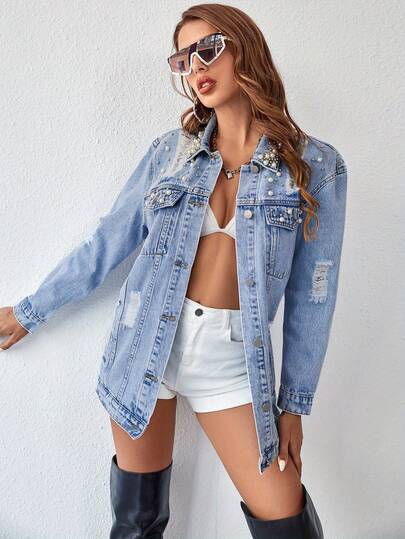 Casual Women's Blue Denim Jacket With Pearl Embellishments And Button Front, Long Regular Sleeves And Collar Neckline