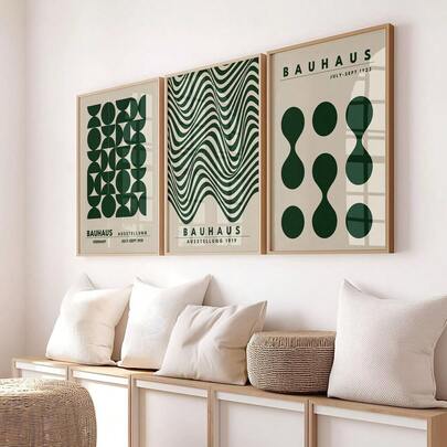 Set Of 3 Frameless Green Bauhaus Geometric Abstract Wall Art Poster Canvas Print Minimalist Mid Century Vintage Art Retro Painting For Dorm,Living Room,Bedroom,Modern Home Decoration