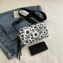 1 pieza Bolso de cámara de piel de PU bicolor con estampado de fútbol, bolso cuadrado pequeño tipo vintage para hombro/cruzado, adecuado para niñas, mujeres, estudiantes universitarios, ideal para viajar, compras, ir al trabajo
