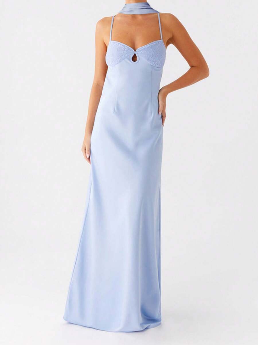 Women Long Dress Solid Color Cami Dress Summer Fashion Sleeveless Spaghetti Strap Dress - Blue - View 1
