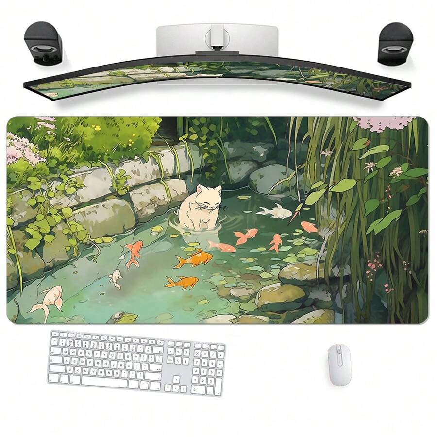1PC Super Cool Cat Is In The Fishpond Large Gaming Mouse Pad With Extended Rubber Edge And Precise Locking - Soft Comfortable And Non-Slip For Your Desk