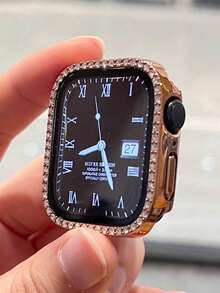 2条柔软舒适可调节硅胶运动表带，饰有水钻；二合一超薄钢化玻璃屏幕保护膜；兼容 38/40/41/42/44/45/46/49mm，适用于 Series Ultra/SE/11/10/9/8/7/6/5/4/3/2/1 - 棕色+玫瑰金殼 - 查看 6