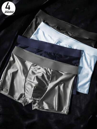 4 Pieces Of Solid Color Ice Silk Men's Underwear, Men's Shorts, Men's Boxers, Men's Boxer Shorts