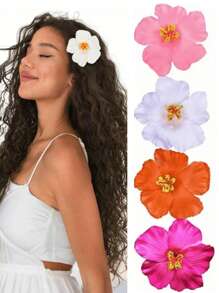 1/4 piezas Pasadores para el cabello con flor hawaiana para mujeres, 4 piezas de pasadores con flores artificiales, pasadores con flores de Plumeria Hibiscus para vacaciones, fiestas en la playa, accesorios para el cabello con flores tropicales para niñas en días festivos, pasadores con forma de oreja de gato