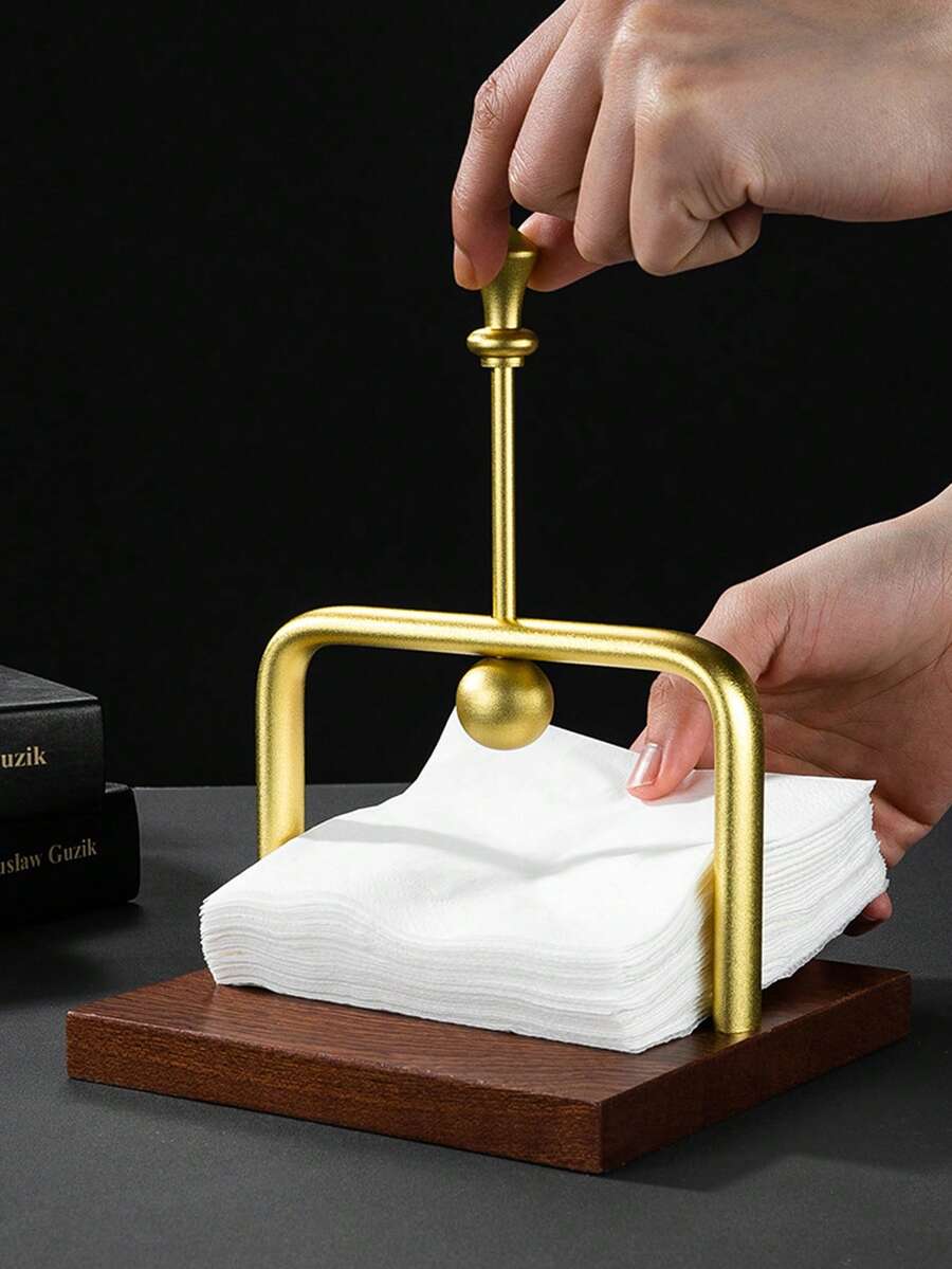 1/2pcs Luxury Wooden & Aluminum Tabletop Napkin Holder, With Spherical Counterweight, Cafe Style Paper Towel Box, Wooden Base, Suitable For Restaurant, Cafe Decor, Home Decoration, Durable, Rustic, Space-Saving - Multicolor - View 1
