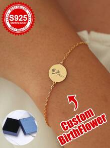 S925 Sterling Silver Custom Birth Flower Disc Bracelet - Personalized Gift For Girlfriend, Sister, Bestie, Mom & Self - Ideal For Birthday, Anniversary, Graduation, Daily Dainty Style & Cherished Memories
