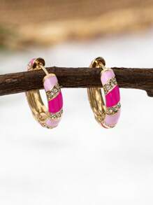 1 Pair Fashionable High-End Niche Versatile Elegant New Striped Diamond Pink Hoop Earrings