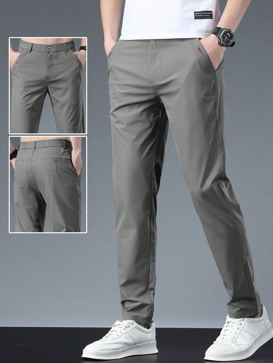 男士纯色休闲锥形裤，带口袋，秋季 - 墨綠色 - 查看 1