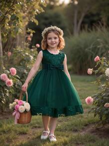 Young Girl Solid Color Sleeveless Elegant Dress With 3D Flower And Bow Decor