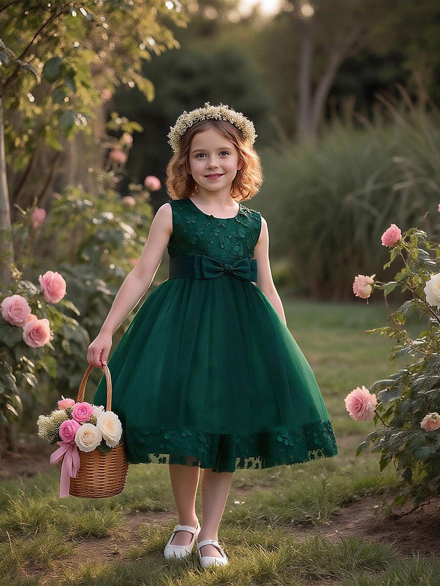 Young Girl Solid Color Sleeveless Elegant Dress With 3D Flower And Bow Decor