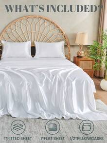 3/4pcs Satin Fitted Sheet Set, Bedding, Bed Sheets, Bed Cover, Silk Fitted Mattress Cover, Skin-Friendly And Comfortable Fitted Sheet For Bedroom, Solid Color Satin Bed Sheets, Deep Pocket Cooling Breathable Bedding, Soft And Silky Minimalism Style Bedding Sheet(1pc Fitted Sheet+1pc Flat Sheet+1/2pcs Pillowcases), - White - View 2