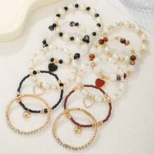5pcs Pearl & Crystal Heart Beaded Bracelets, Fashion Versatile Stacking Bracelet Set For Women - Multicolor - View 9