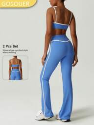 GOSOUER 2 Pieces Sports Set Women Contrast Color Fashion Workout Sports Bra And High Waist No Front Seam Gym Dance Flared Pants