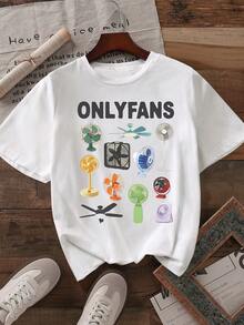 Ladies Vintage Fan Print Round Neck Short Sleeve T-Shirt - White - View 3