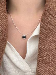 S925 Sterling Silver Women's New Black, White And Light Blue Gemstone Necklace, Minimalist Elegant Vibe Oval Pendant